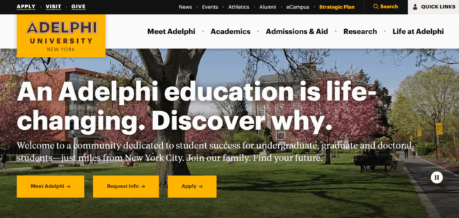 This is a screenshot of the Adelphi homepage.