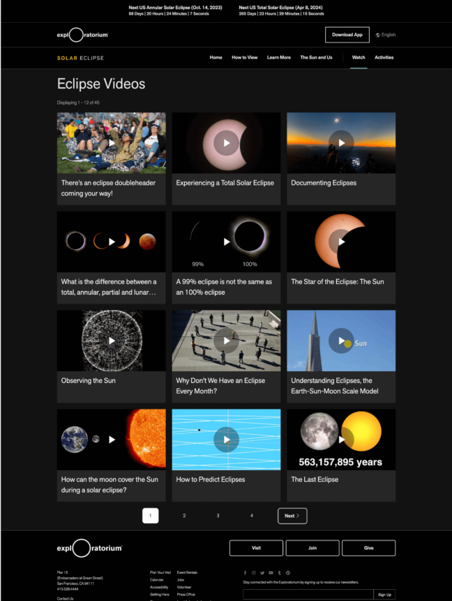 Brightcove Integration: Eclipse Videos page containing video posts with the option to view on click