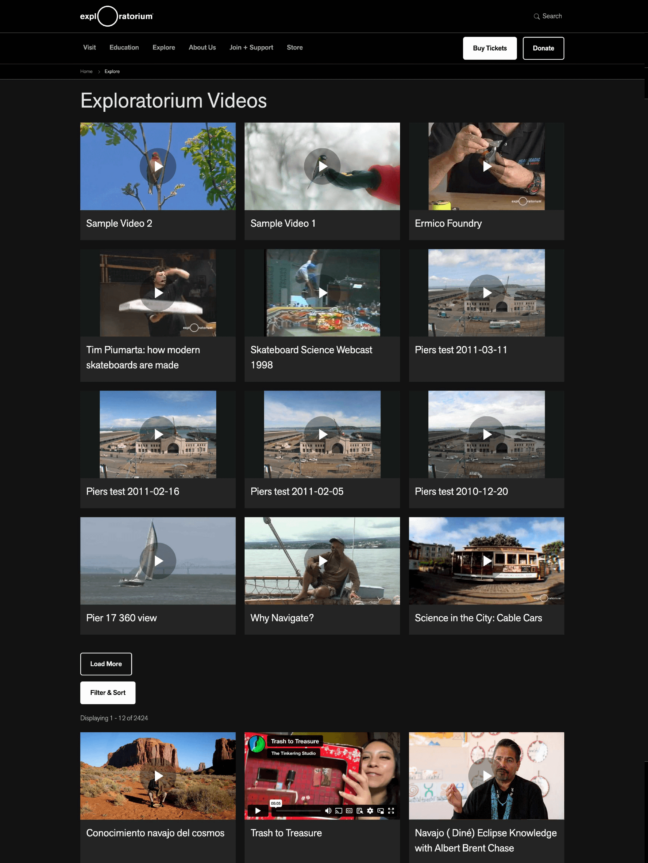 Exploratorium’s video listing page, which displays various videos, playable by click