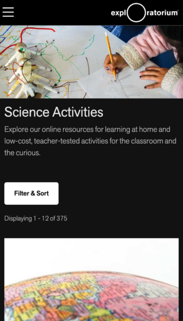 Exploratorium’s mobile listing of various science activities, which can all be sorted