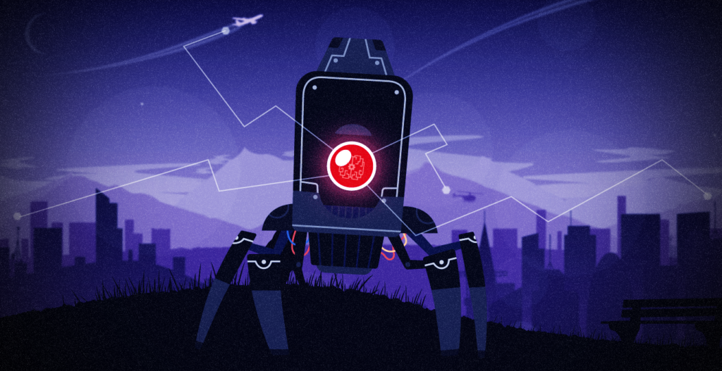 Illustration of a scary robot with one red eye and pointy legs against a dark purple cityscape.