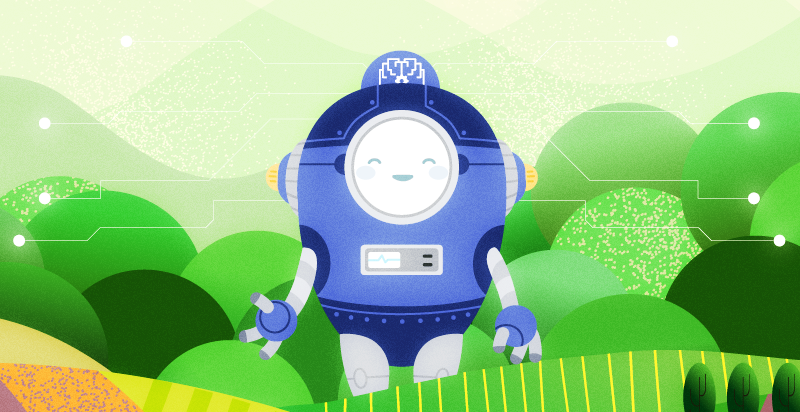 Illustration of a happy blue oval-shaped robot against a green background that simulates trees.
