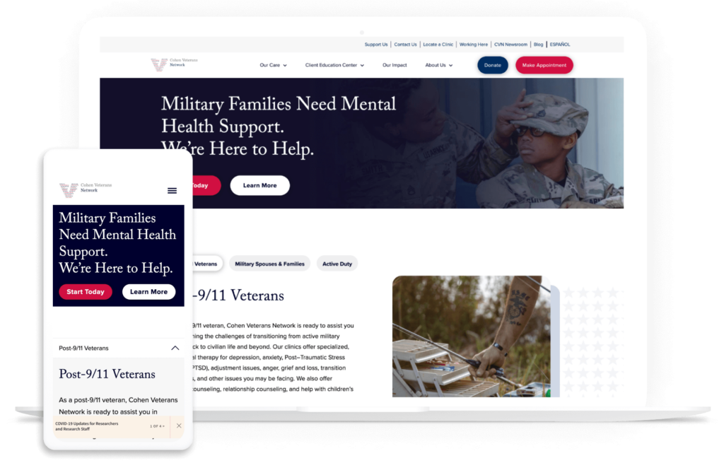 The homepage of the Cohen Veteran’s Network website is shown on a desktop and mobile device