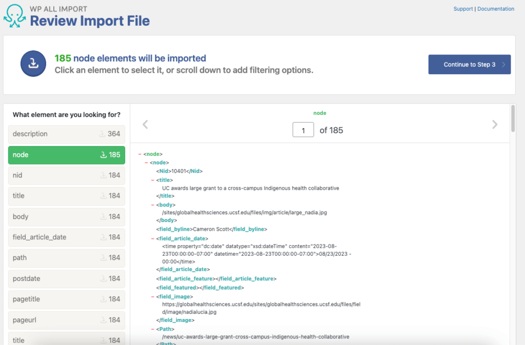 Screenshot of an example of an import file in the WP All Import plugin