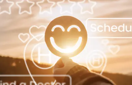 Illustration with a smily face emoji being held by a hand. Common web symbols such as 5 star ratings and pins are overlapping.