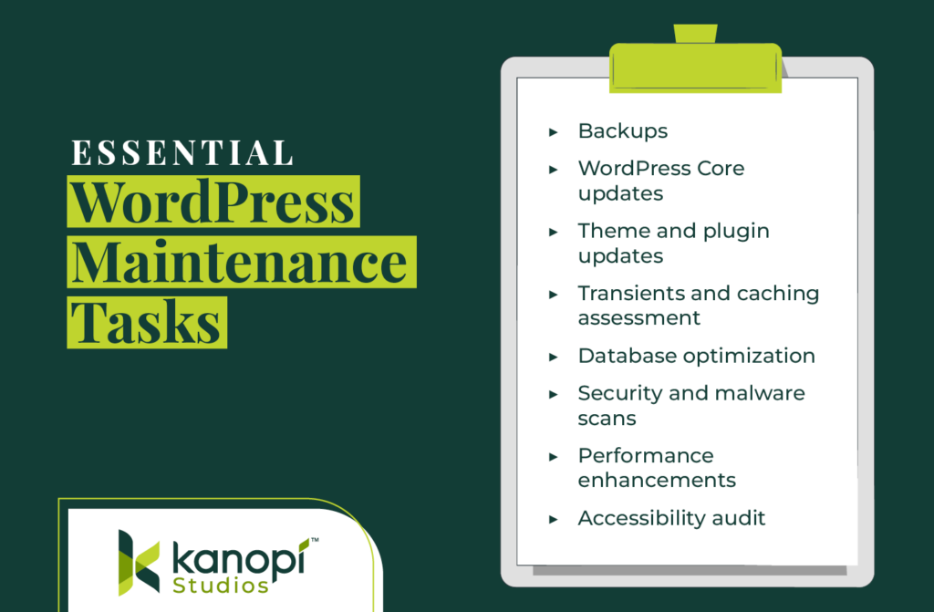 A list of essential WordPress maintenance tasks (described in the sections below) 