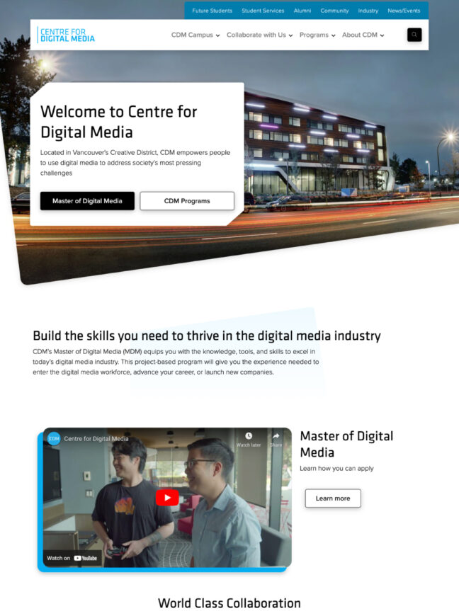 Centre for Digital media home page showing video component