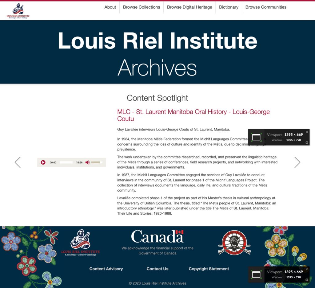 Louis Riel Institute Archives Homepage before Kanopi's upgrades