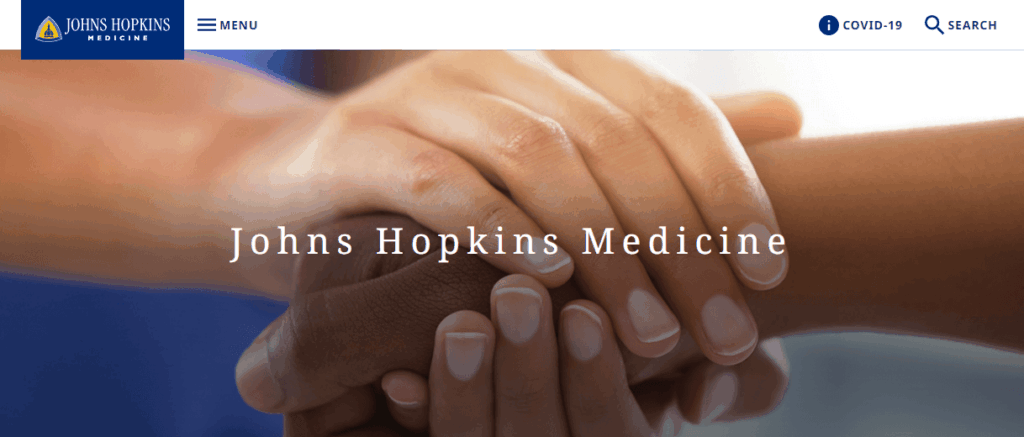 The Johns Hopkins website homepage, showing the simple header and menu design