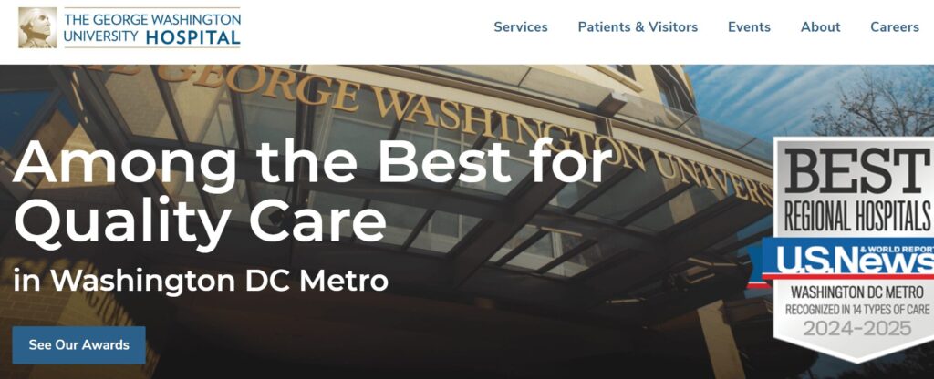 Homepage for the George Washington University Hospital, a top hospital web design example