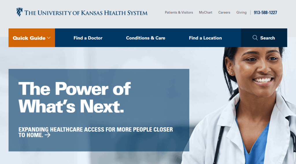 Homepage for the University of Kansas Health System, a top hospital web design example