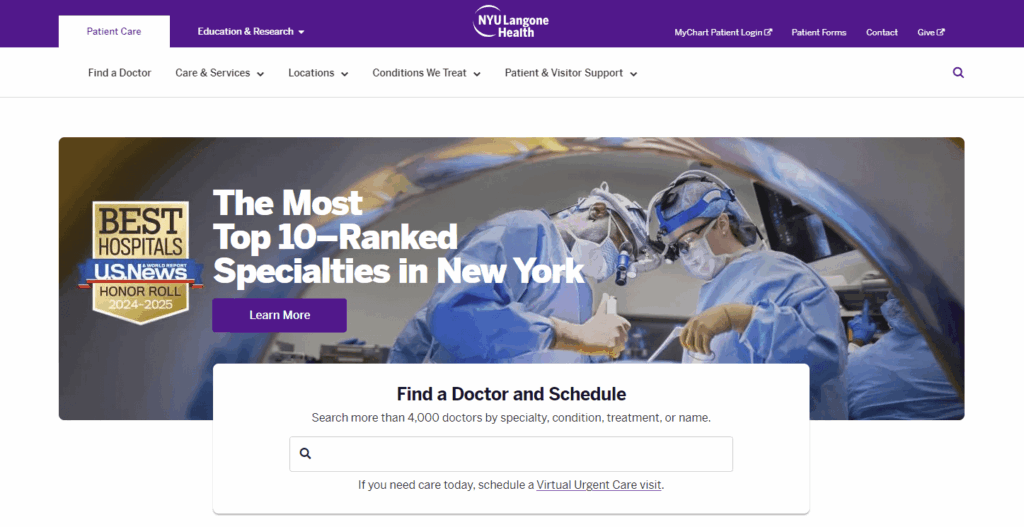 Homepage for the NYU Langone Health website, a top hospital web design example