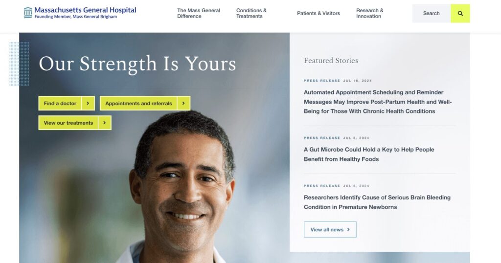 Homepage for Massachusetts General Hospital, a top hospital web design