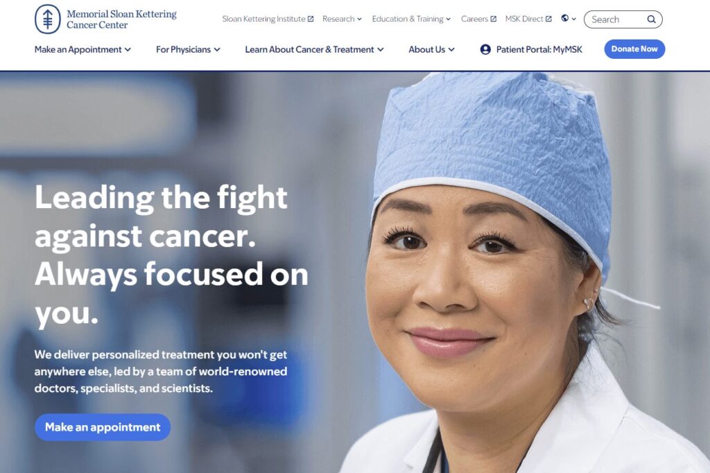 Homepage of the Memorial Sloan Kettering Cancer Center