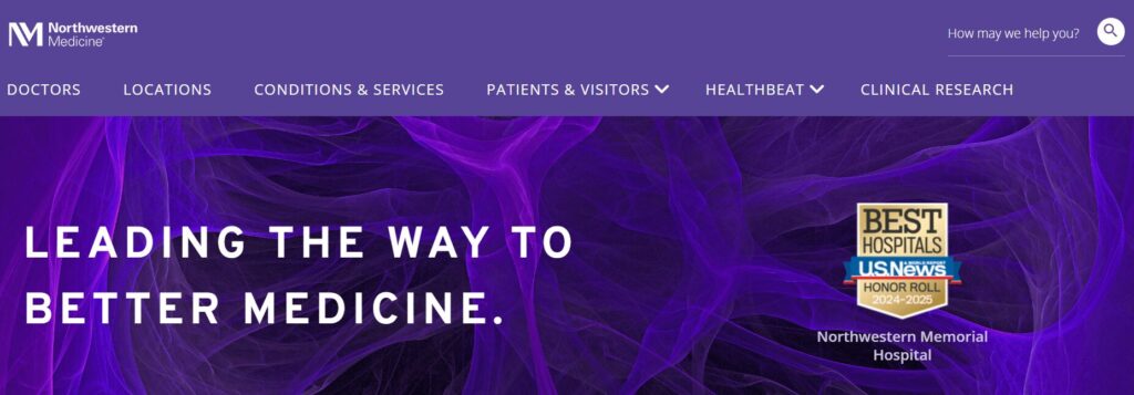 Homepage for Northwestern Medicine, a leading hospital web design example