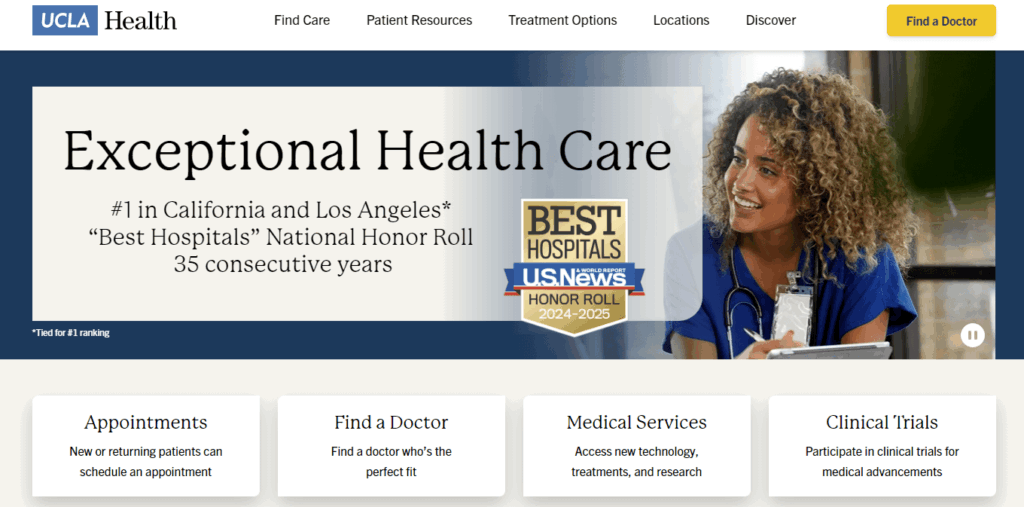 Homepage for the UCLA Medical Center, a top hospital web design example