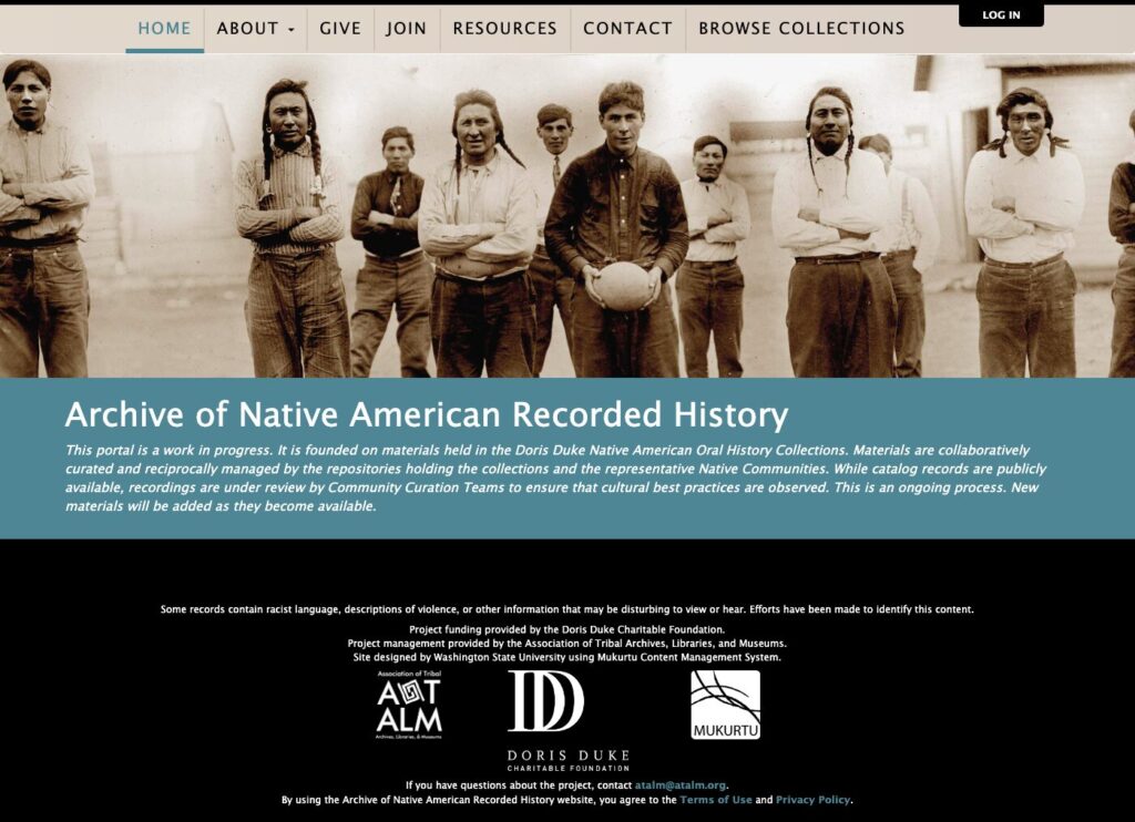 home page for the archive of native american recorded history