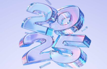 AI-generated image of the number 2025 made our of three-dimensional glass in purple and blue hues.