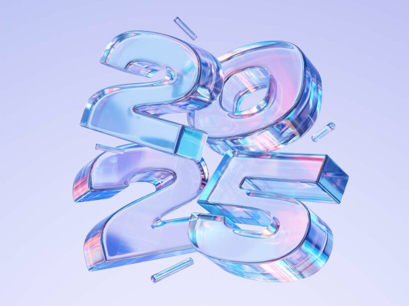 AI-generated image of the number 2025 made our of three-dimensional glass in purple and blue hues.