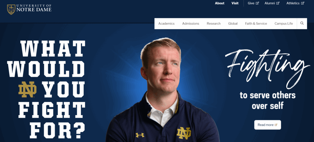 Homepage for the University of Notre Dame, one of the best college websites