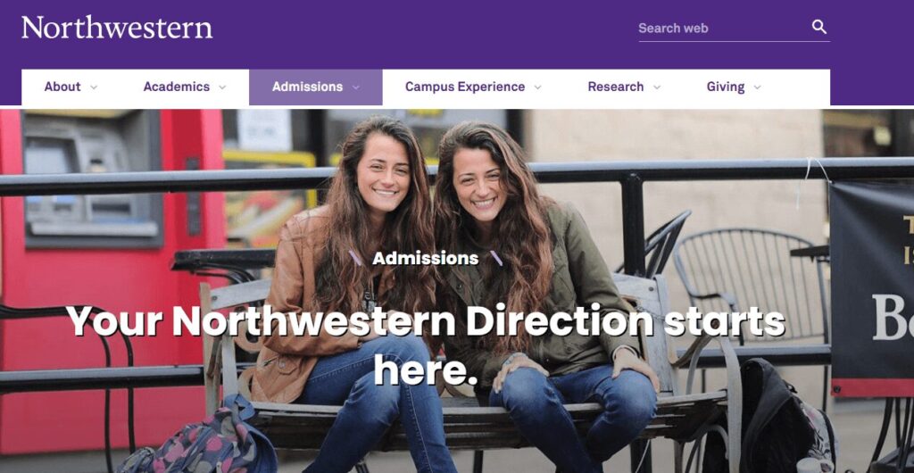 The admissions page for Northwestern University, one of the top college websites