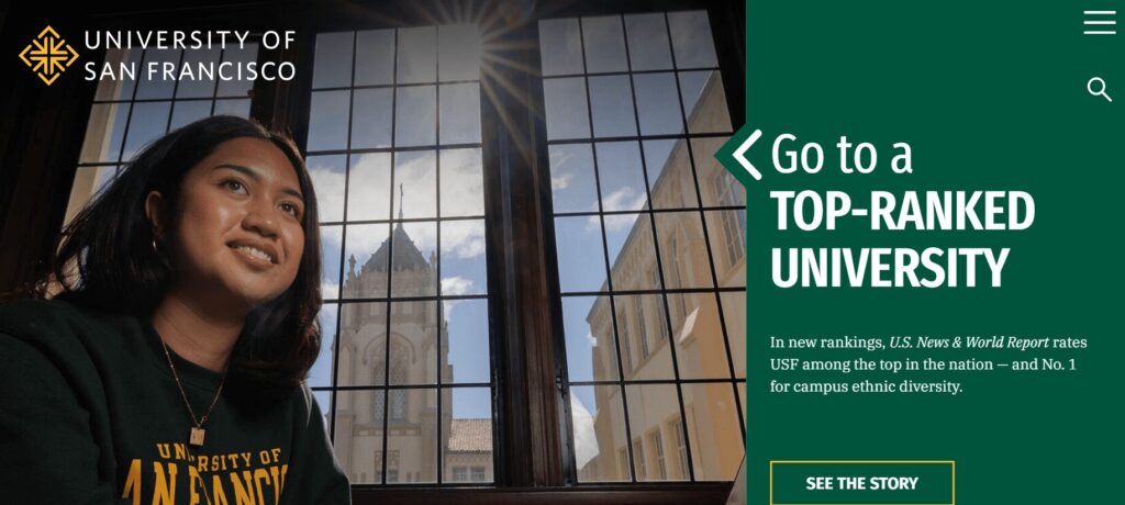 Homepage for the University of San Francisco, one of the best college websites