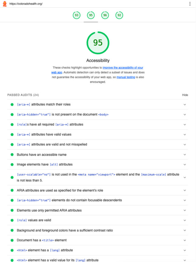 An accessibility Lighthouse test for Colorado Health's website showing a score of 95%