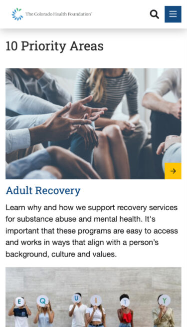 Colorado Health mobile page showing priority areas