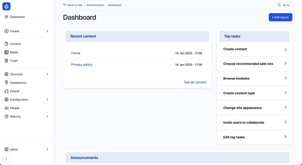 The Drupal CMS dashboard, showing all the navigation.