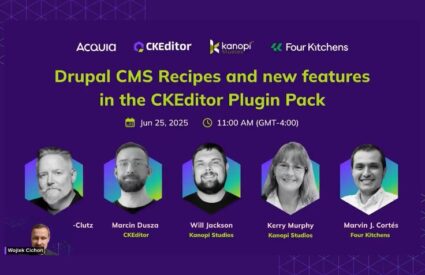 Cover slide from the CKEditor webinar featuring still images of the five speakers