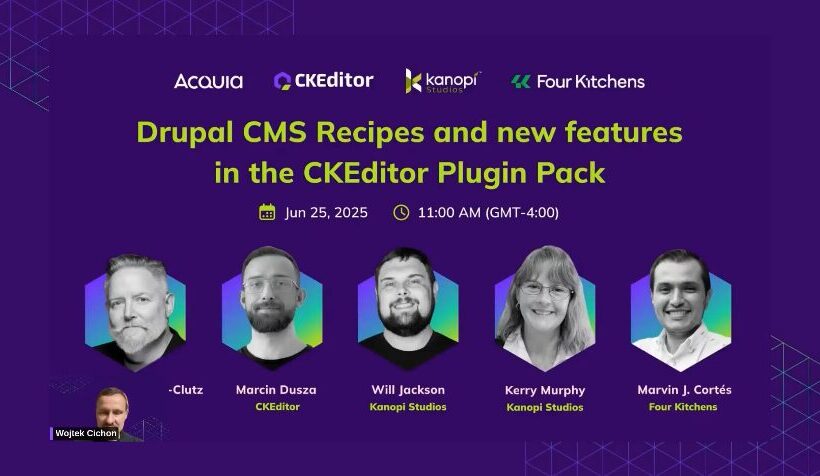 Cover slide from the CKEditor webinar featuring still images of the five speakers