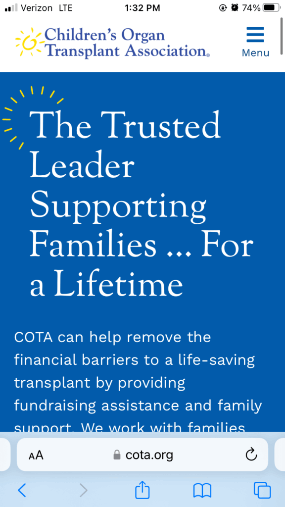 Screenshot from a mobile device of the Children’s Organ Transplant Association homepage.