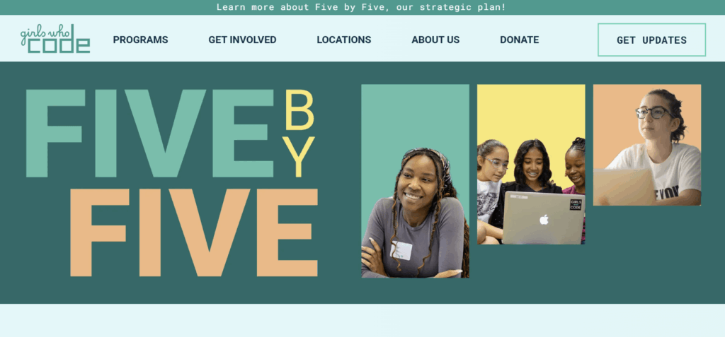 Screenshot of the Girls Who Code homepage.