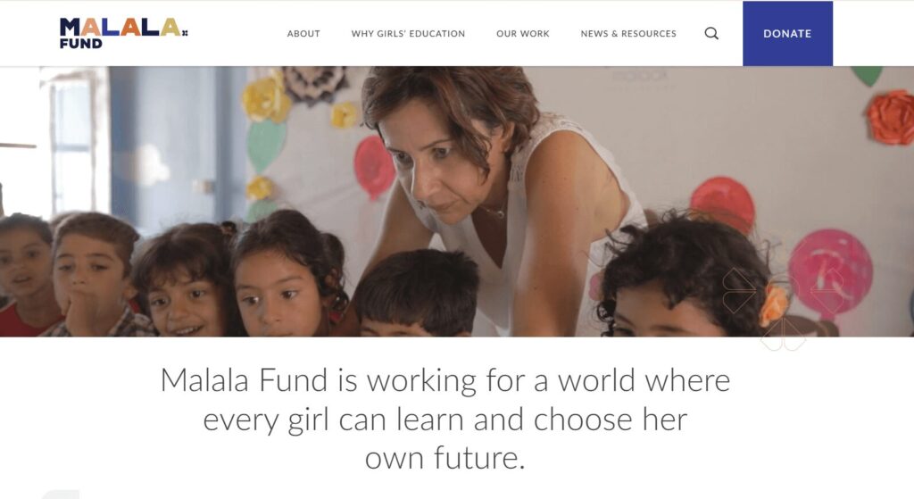 Screenshot of the Malala Fund homepage