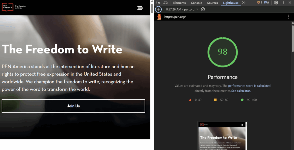 Screenshot of the PEN America homepage alongside a Lighthouse performance testing score of 98.