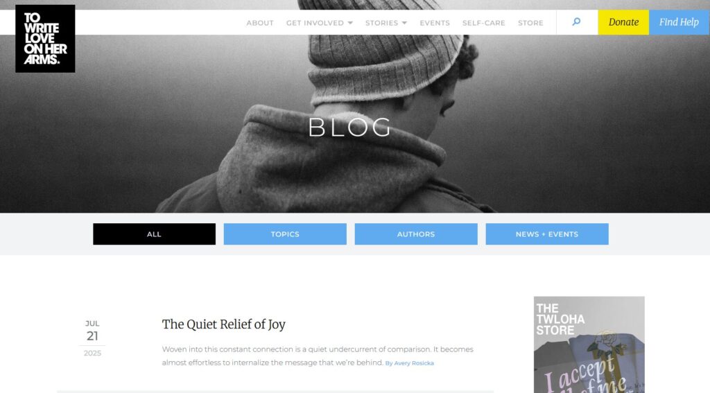 Screenshot of the To Write Love on Her Arms Blog.