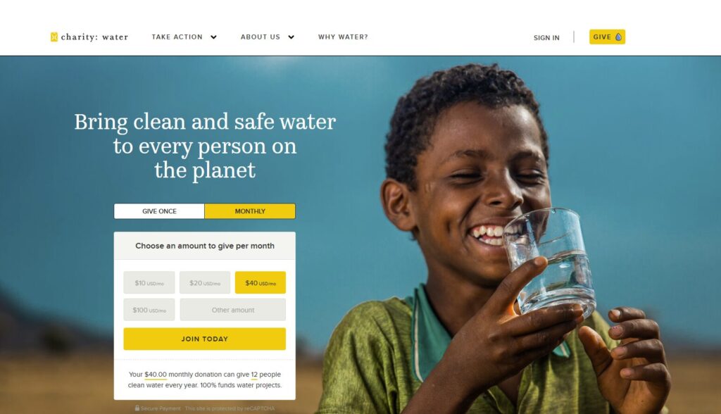 Screenshot of the charity:water donation form