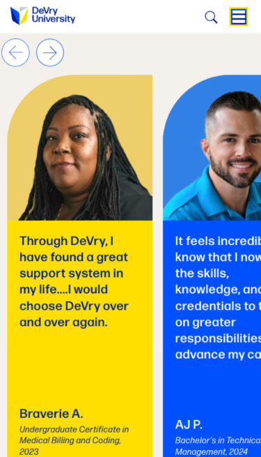 DeVry mobile view showing a carousel