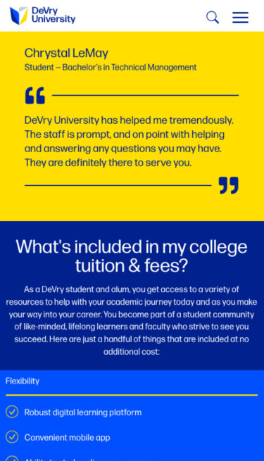DeVry mobile view showing quotes