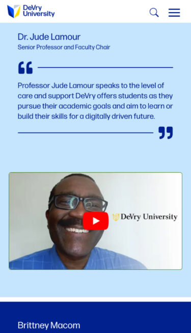 DeVry mobile view showing a professor's video