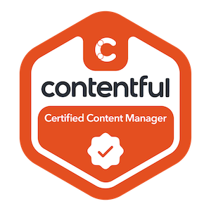 Contentful Certified Content Manager badge, which is a orange hexagon