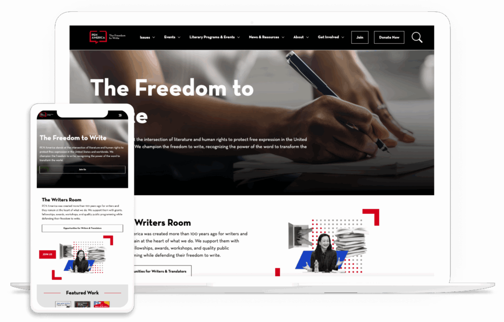 The PEN America homepage on a desktop and mobile device