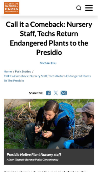 Parks Conservancy mobile view of a news article