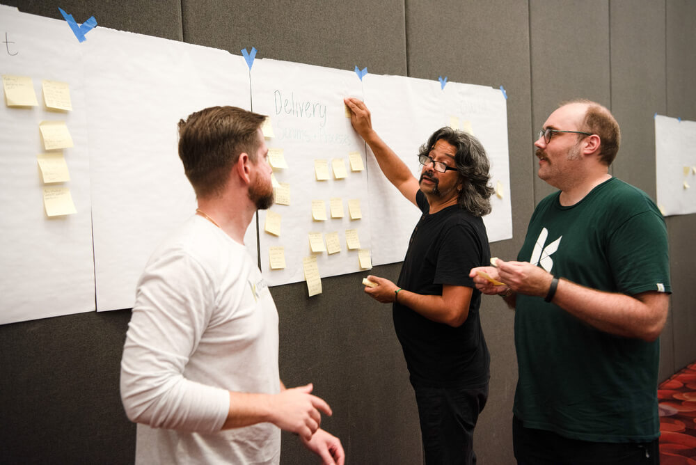 Three members of the Kanopi Studios web design and development team plan out a strategy using sticky notes on a wall
