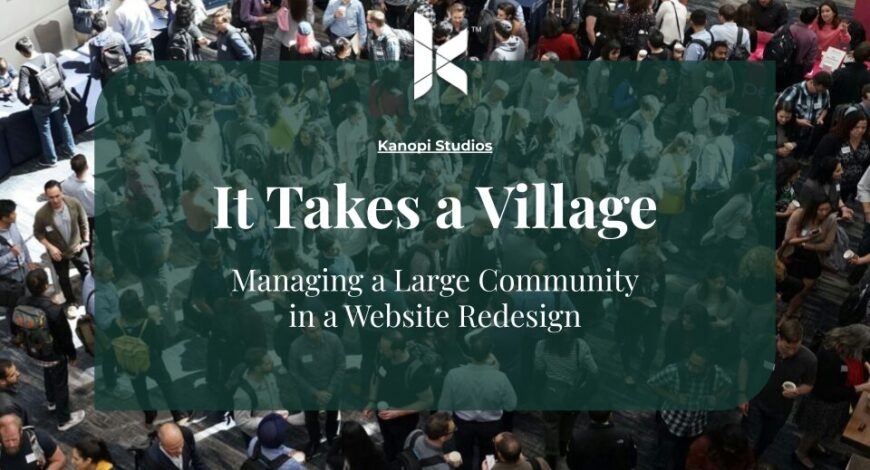 Cover slide for our webinar called It Takes a Village - Involving the Community in Reimagining a Website