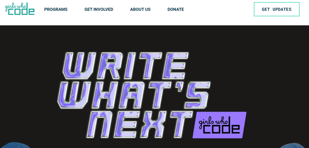 A screenshot of the Girls Who Code homepage