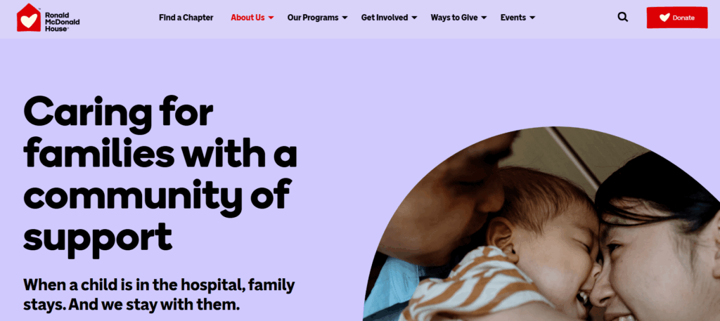 The homepage of the Ronald McDonald House website