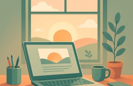 AI-rendered illustration of a laptop on a desk by an open window. You can see a sunrise outside the window, as well as a similar sunrise on the laptop screen.
