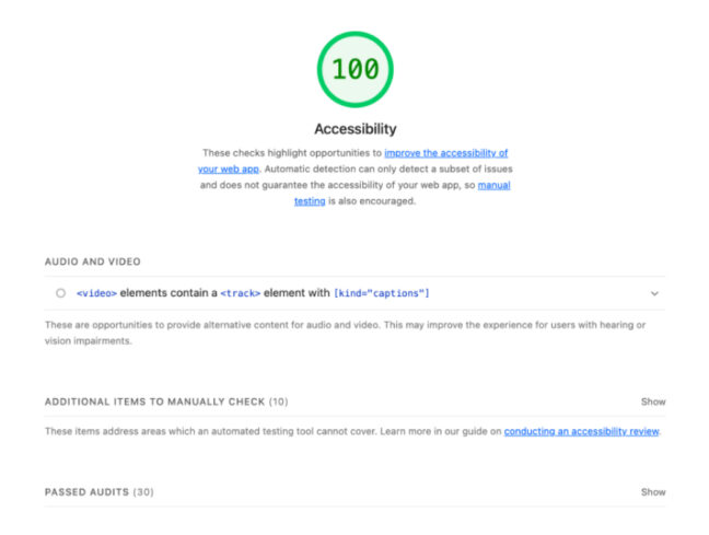 Lighthouse accessibility test score on the Sunnylands website shows a perfect score of 100