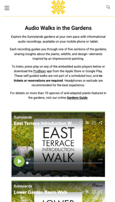 Mobile view from Sunnylands website of audio tours